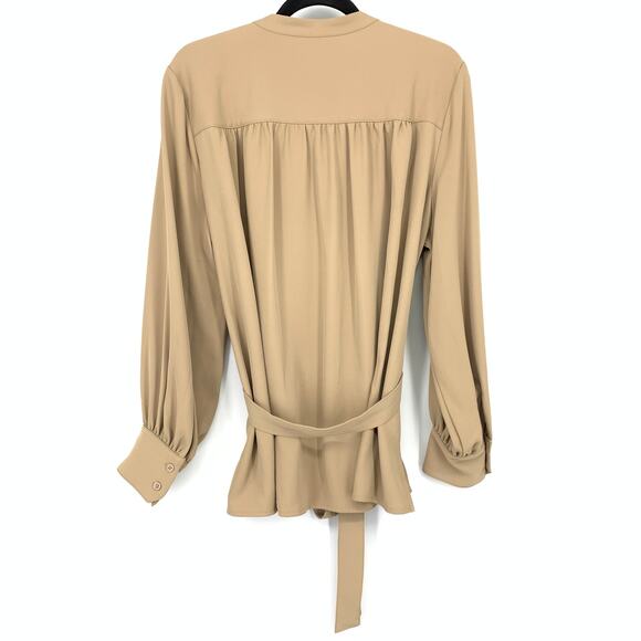 Banana Republic Button Front Blouse Womens Sz Large Tie Waist Long Sleeve Tan - Picture 2 of 6